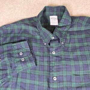 Brooks Brothers Shirt Men Large Green Navy Pld 100% Linen Button Down Regent Fit